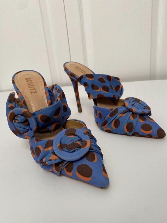 SCHUTZ Shoes - SCHUTZ Blue and Brown Leopard-Print Pointed Mule Heels
